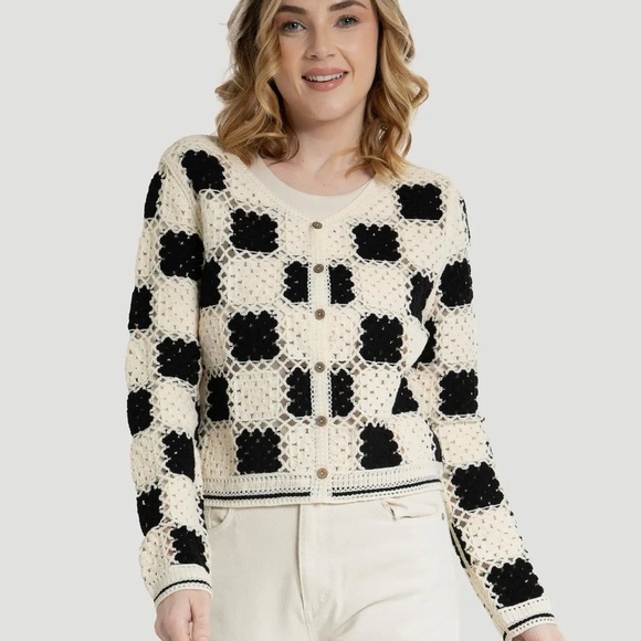 SAACHI Sweaters - SAACHI Cream and Black Crochet Button-Front Cardigan
